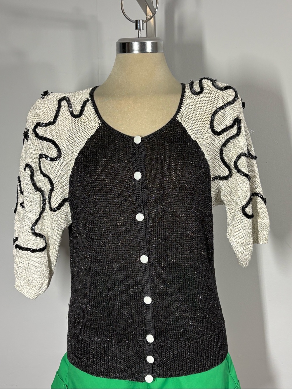 Black & White Short Sleeve Button-Front Knit Cardigan - Picture 2 of 12